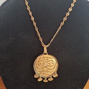 Vintage filigree Mexican Aztec sun face with chain